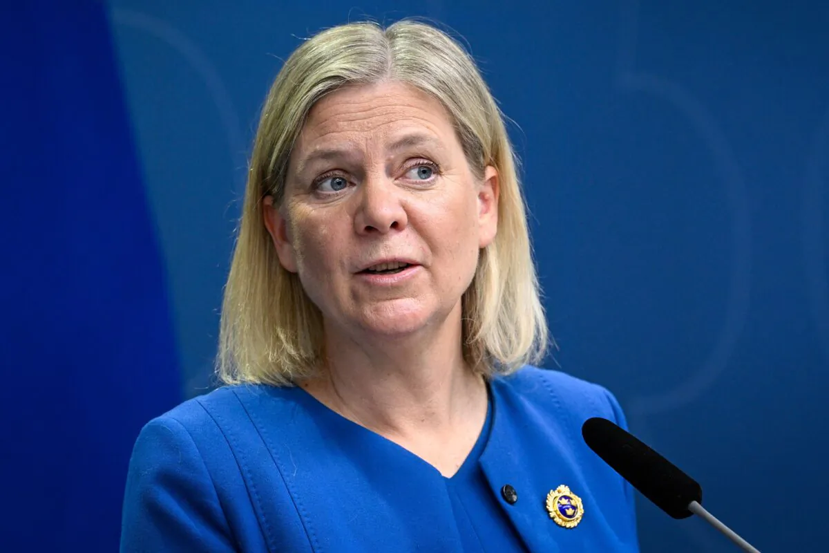 Sweden's Prime Minister Magdalena Andersson announces the country will officially apply to join NATO, in Stockholm, Sweden, on May 16, 2022. (Henrik Montgomery/TT News Agency/AFP via Getty Images)
