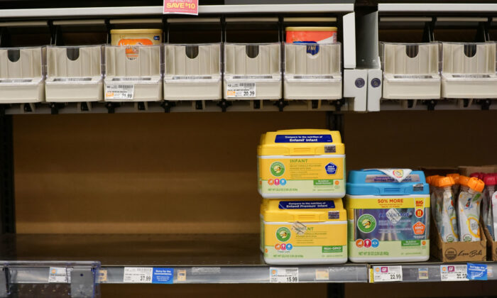 Baby formula is offered for sale at a local grocery store in Chicago on May 16, 2022. Baby formula has been in short supply in many stores across the country. (Cara Ding/The Epoch Times)