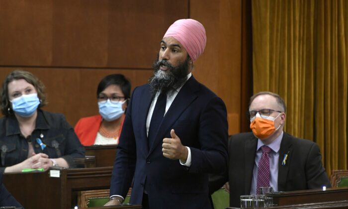 NDP Leader Jagmeet Singh rises during question period in the House of Commons in Ottawa on May 11, 2022. (The Canadian Press/Justin Tang)