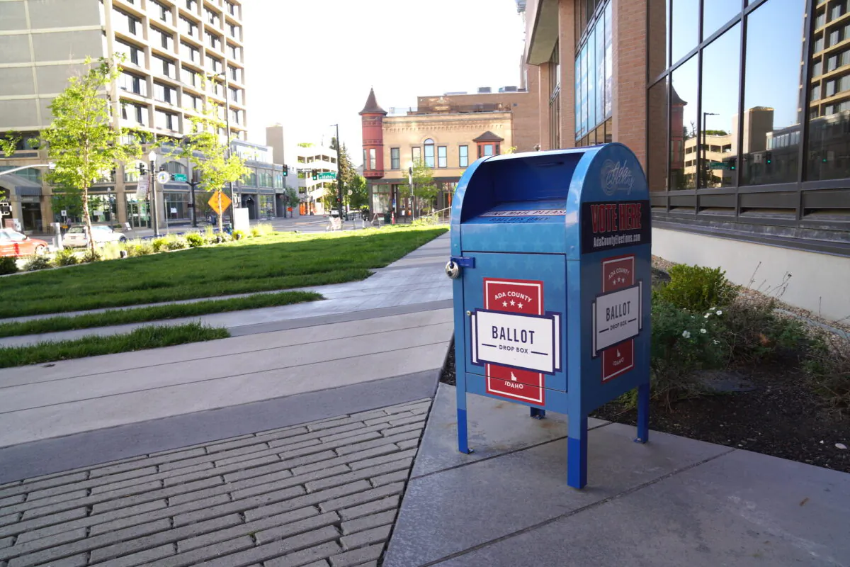 A ballot drop box sits outside of City Hall in Idaho's state capital Boise on Primary Day, May 17. (Allan Stein/The Epoch Times)