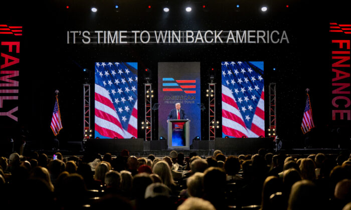 Former U.S. President Donald Trump speaks during the American Freedom Tour at the Austin Convention Center in Austin, Texas, on May 14, 2022. (Brandon Bell/Getty Images)