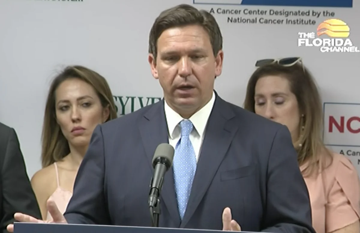 Florida Gov. Ron DeSantis addresses the media at the University of Miami on May 17. (Screenshot/The Epoch Times)