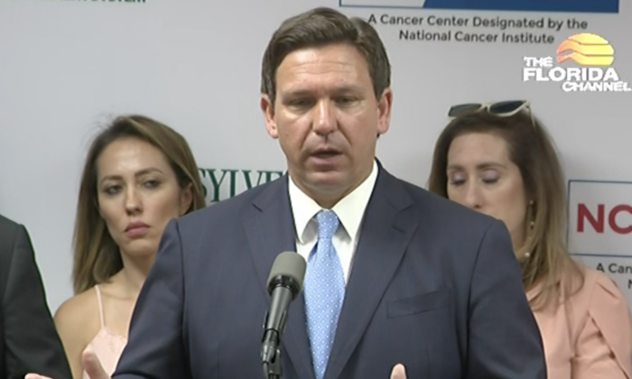 Florida Gov. Ron DeSantis addresses the media at the University of Miami on May 17. (Screenshot/The Epoch Times)