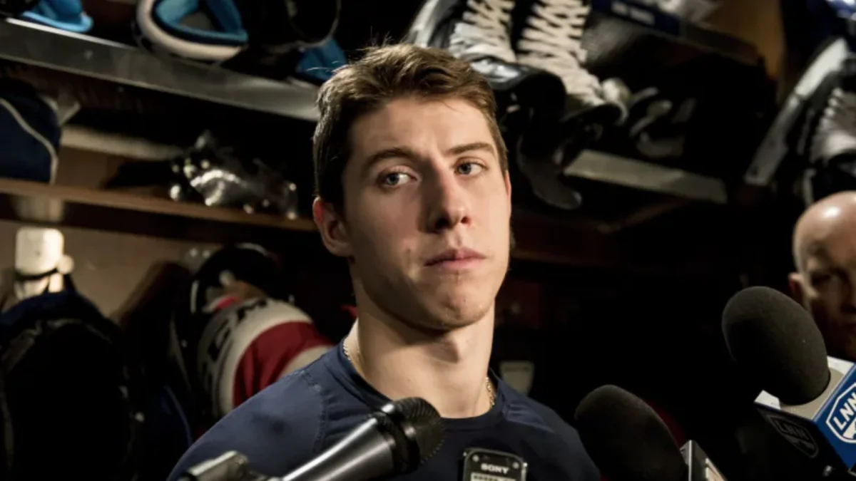 Toronto Maple Leafs right wing Mitch Marner speaks to reporters after a locker clean out at the Scotiabank Arena in Toronto, on April 25, 2019. (The Canadian Press/Christopher Katsarov)