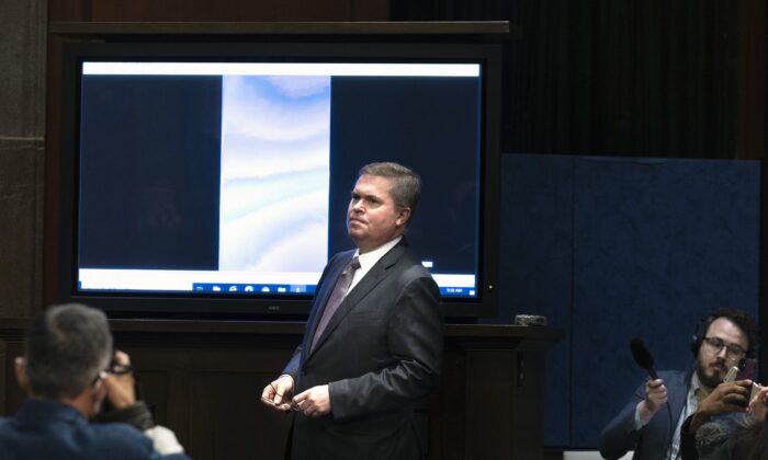 Deputy Director of Naval Intelligence Scott Bray explains a video of an Unidentified Aerial Phenomena, as he testifies before a House Intelligence Committee subcommittee hearing at the U.S. Capitol in Washington on May 17, 2022. (Kevin Dietsch/Getty Images)