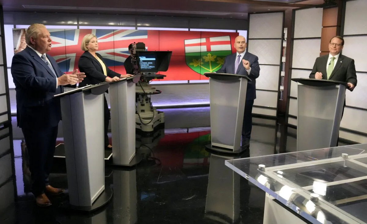 (L-R) Progressive Conservative Party Leader Doug Ford, NDP Leader Andrea Horwath, Liberal Party Leader Steven Del Duca, and Green Party Leader Mike Schreiner debate during the Ontario party leaders' debate, in Toronto on May 16, 2022. (The Canadian Press/Frank Gunn)