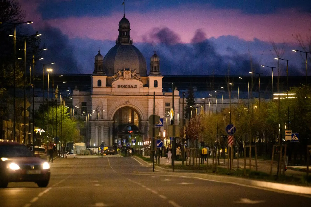 Smoke is seen in the sky following explosions after a Russian missile strike on May 3, 2022 in Lviv, Ukraine. (Leon Neal/Getty Images)