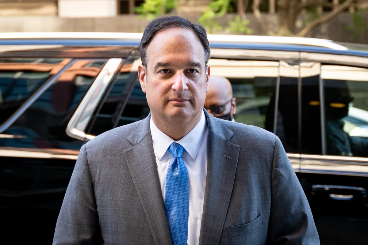 Michael Sussmann arrives at federal court in Washington on May 18, 2022. (Teng Chen/The Epoch Times)