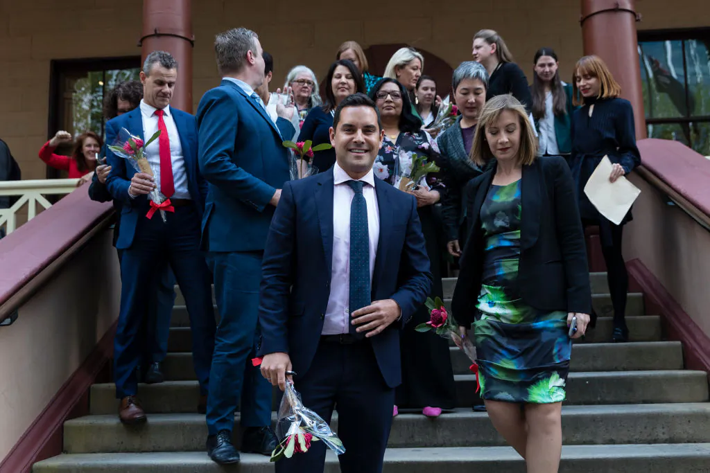 Independent MP Alex Greenwich (centre left) with supporters outside Parliament House after the passing of the amended Abortion Law Reform Act on September 26, 2019 in Sydney, Australia. (Photo by Brook Mitchell/Getty Images)