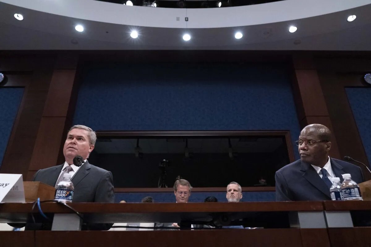 Defence Under Secretary for Intelligence and Security Ronald Moultrie (R) and Deputy Director of Naval Intelligence Scott Bray (L), testify before the Counterterrorism, Counterintelligence, and Counterproliferation Subcommittee, during a hearing on Unidentified Aerial Phenomena on Capitol Hill in Washington on May 17, 2022. (Jose Luis Magana/AFP via Getty Images)