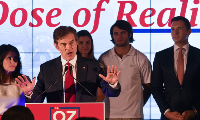 Republican U.S. Senate candidate Mehmet Oz greets supporters after the primary race resulted in an automatic re-count due to close results on May 17, 2022, in Newtown, Pa. (Stephanie Keith/Getty Images)