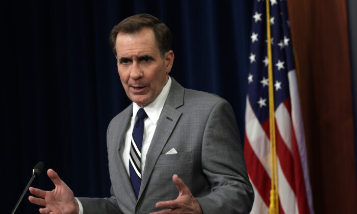 Pentagon press secretary John Kirby speaks during a news briefing at the Pentagon in Arlington, Va., on May 16, 2022. (Alex Wong/Getty Images)