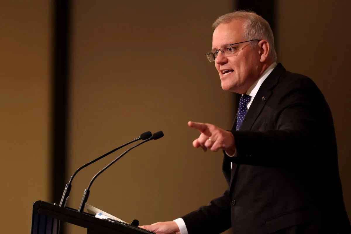 Prime Minister Scott Morrison speaks at the Australia-Israel Chamber of Commerce (AICC) address at Crown Casino in Melbourne, Australia, on May 18, 2022. (Asanka Ratnayake/Getty Images)