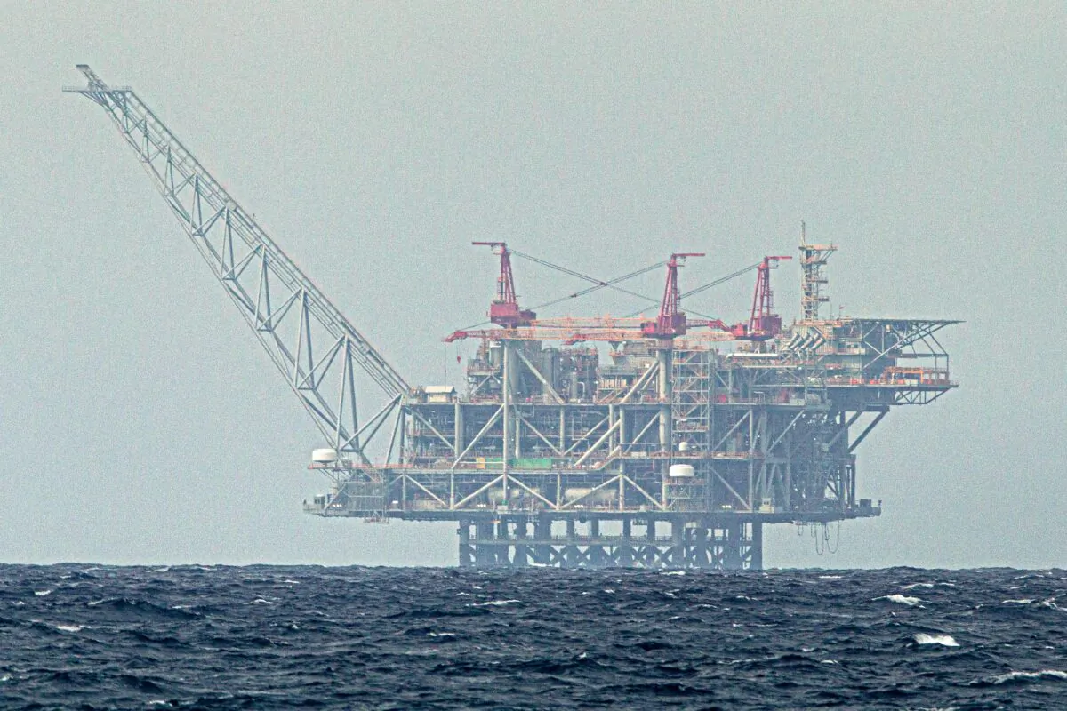 The platform of the Leviathan natural gas field in the Mediterranean Sea is pictured from the Israeli northern coastal city of Caesarea, on Feb. 24, 2022. (Jack Guez/AFP via Getty Images)