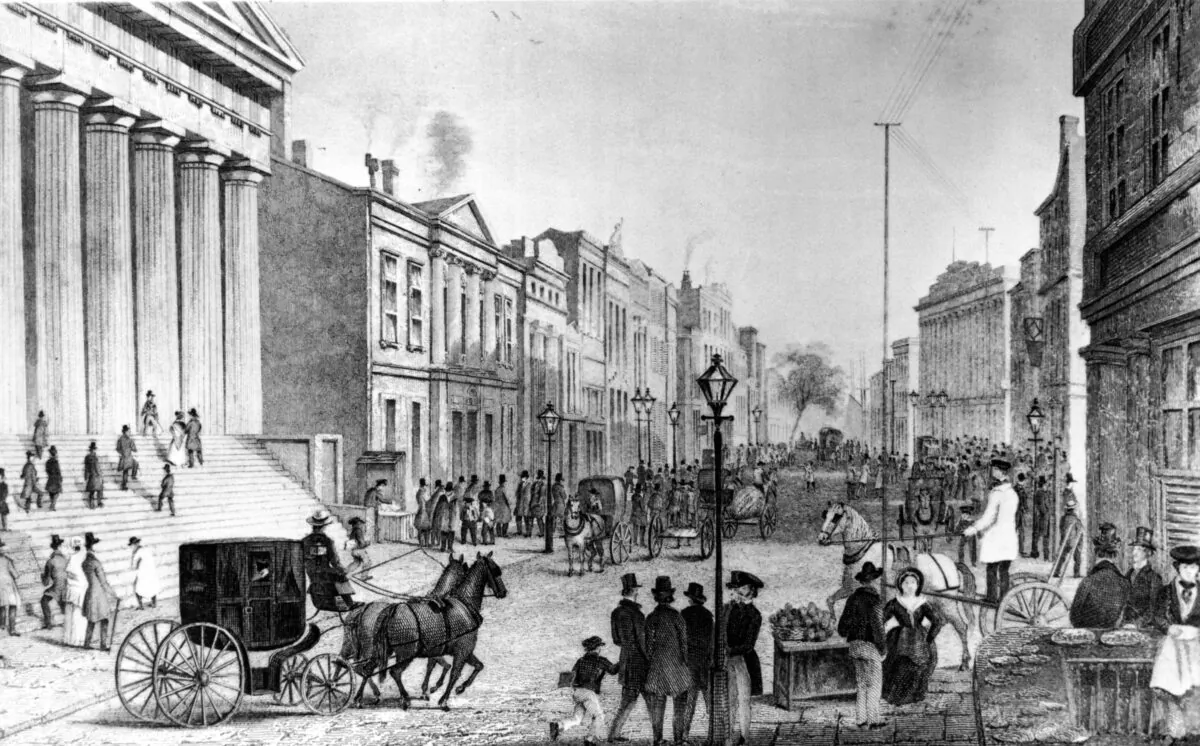 Engraving of a scene outside the New York Stock Exchange at the corner of Wall Street and Broad Street in downtown Manhattan, New York, in 1860s. (FPG/Getty Images)