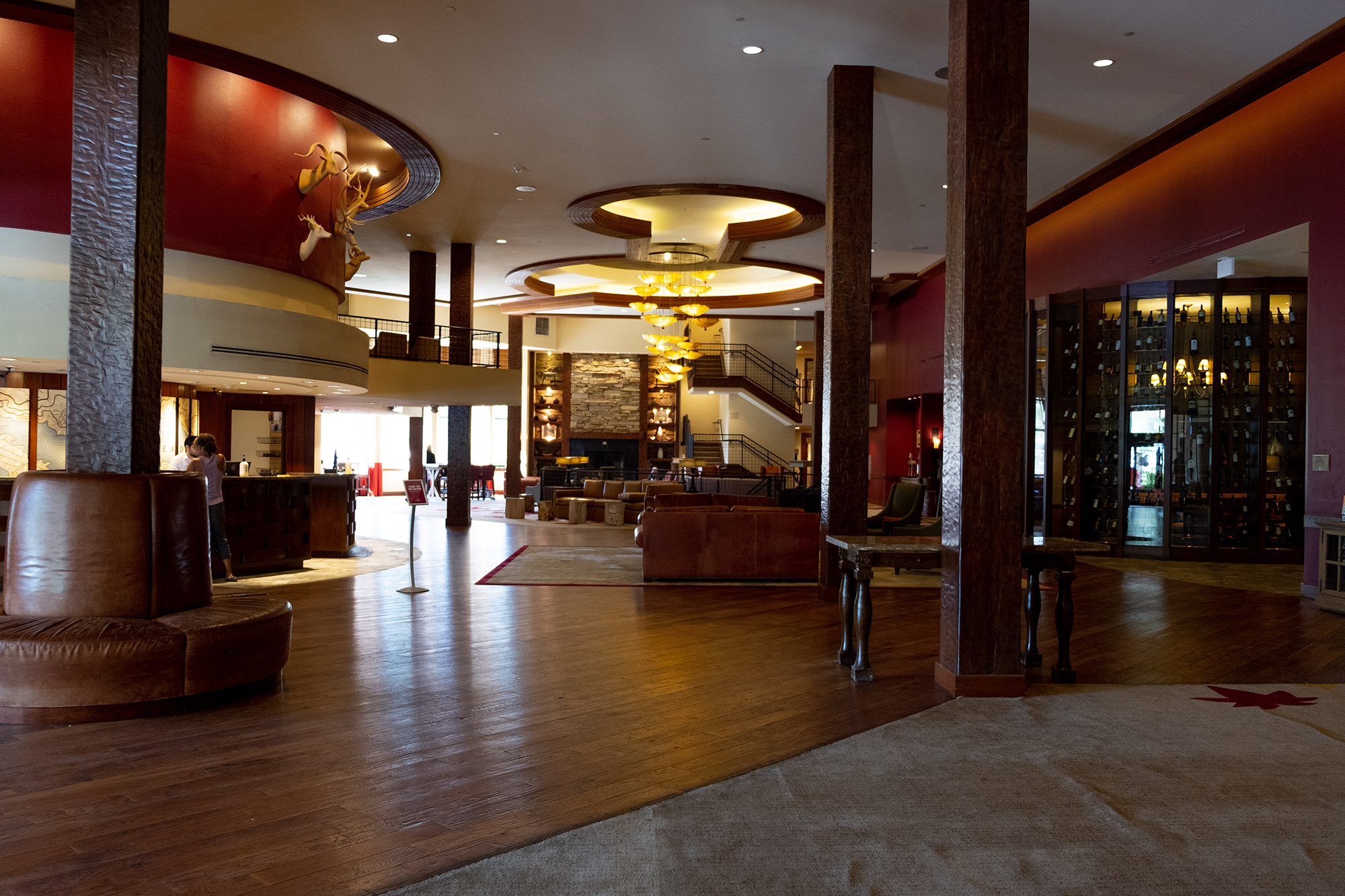 The lobby at Lake Arrowhead Resort and Spa boasts stone fireplaces and complimentary wine during happy hour.