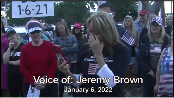 Screenshot from video of rally outside of the Pinellas County Jail on the one-year anniversary of the protest in Washington, D.C., when Jeremy Brown officially announced his candidacy for the position of Florida State Representative for District 32 and telling Cathi Chamberlain he was taking her up on her offer to be his "Campaign Commander."