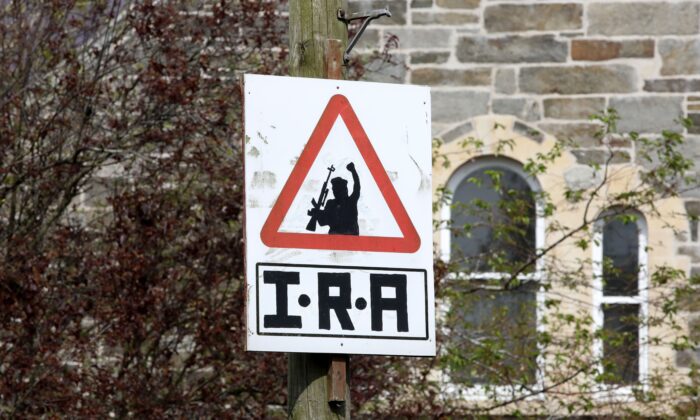 An Irish Republican Army (IRA) sniper warning sign overlooking the Bogside area of Derry in Northern Ireland on April 20, 2019. (Paul Faith/AFP via Getty Images)