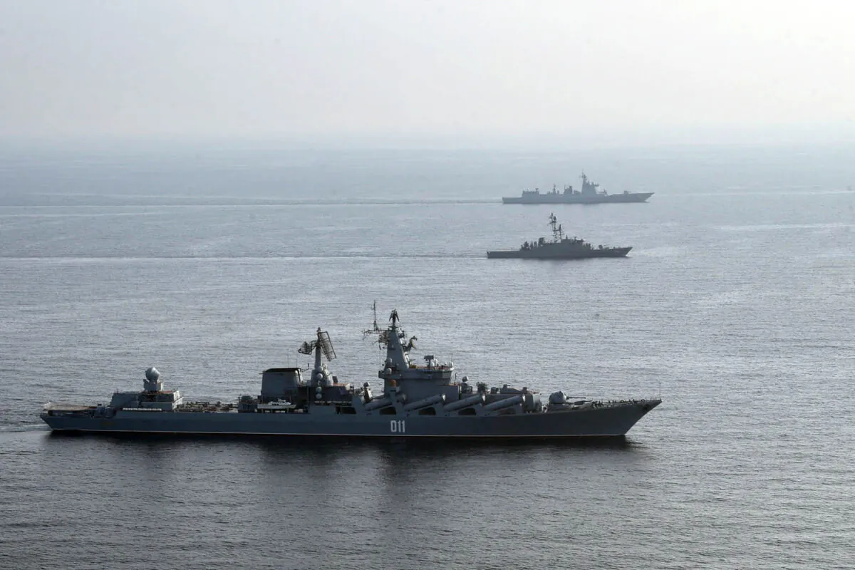 Iranian, Russian, and Chinese warships conduct a joint military drill in the Indian ocean, seeking to reinforce "common security" on Jan. 21, 2022. (Iranian Army office/AFP via Getty Images)