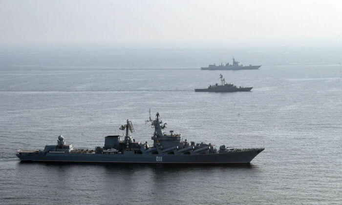Iranian, Russian, and Chinese warships conduct a joint military drill in the Indian ocean, seeking to reinforce "common security" on Jan. 21, 2022. (Iranian Army office/AFP via Getty Images)