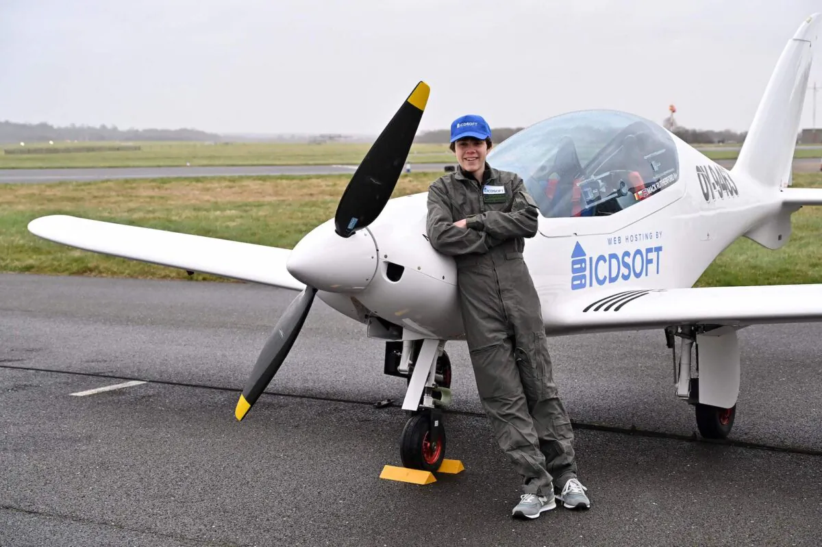 British-Belgian teen pilot Mack Rutherford poses during a photocall to promote his attempt to be the youngest male to make a round-the-world solo flight, at Biggin Hill Airfield, south east of London, United Kingdom, on Feb. 15, 2022. (Glyn Kirk /AFP via Getty Images)