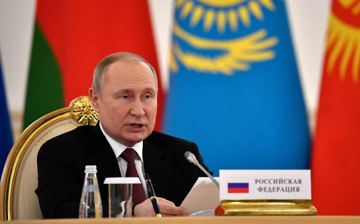 Russian President Vladimir Putin attends a meeting of the leaders of the Collective Security Treaty Organization (CSTO) member states at the Kremlin in Moscow on May 16, 2022. (Alexander Nemenov/POOL/AFP via Getty Images)