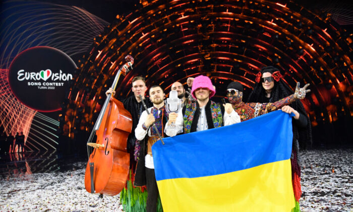 Kalush Orchestra of Ukraine are named the winners during the Grand Final show of the 66th Eurovision Song Contest at Pala Alpitour in Turin, Italy, on May 14, 2022. (Giorgio Perottino/Getty Images)