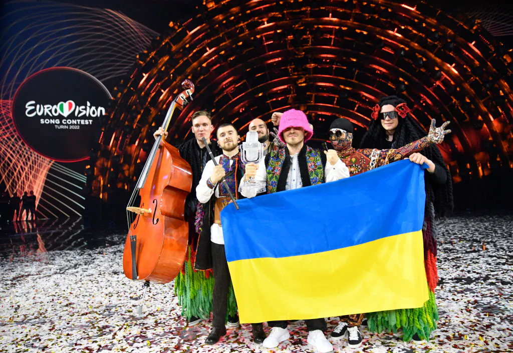 Kalush Orchestra of Ukraine are named the winners during the Grand Final show of the 66th Eurovision Song Contest at Pala Alpitour in Turin, Italy, on May 14, 2022. (Giorgio Perottino/Getty Images)