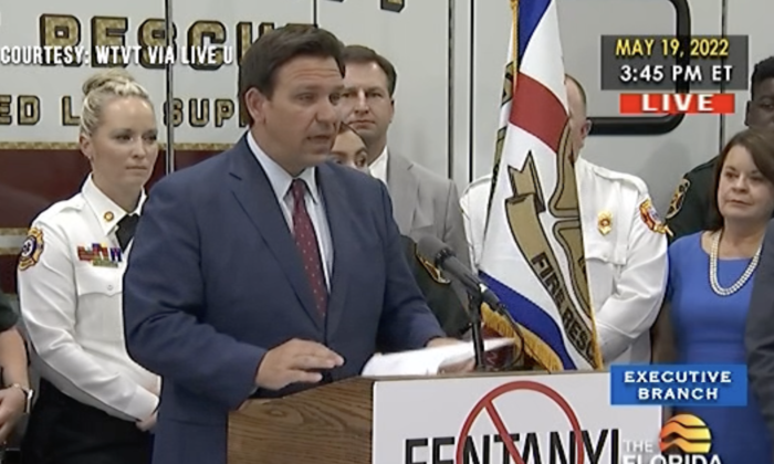Florida Gov. Ron DeSantis addresses the media during a bill signing in Lakeland, Fla., on May 19, 2022. (WTVT via The Florida Channel/Screenshot via The Epoch Times)