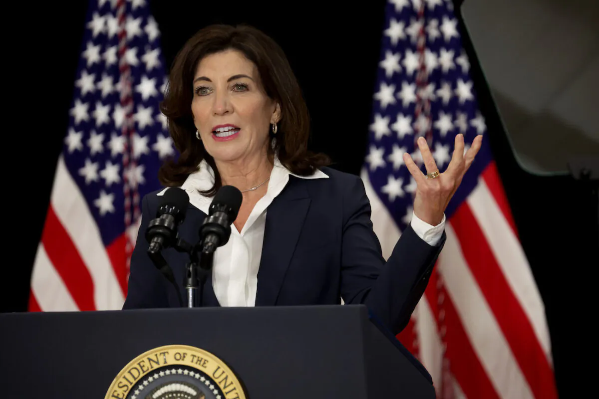 New York Governor Kathy Hochul speaks to guests during an event with President Joe Biden and several family members of victims of the Tops market shooting at the Delavan Grider Community Center in Buffalo, New York, on May 17, 2022. (Scott Olson/Getty Images)