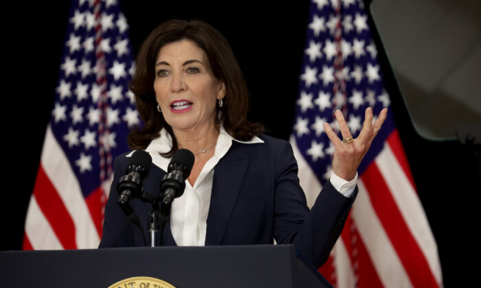 New York Gov. Kathy Hochul speaks to guests during an event with President Joe Biden and several family members of victims of the Tops market shooting at the Delavan Grider Community Center in Buffalo, New York, on May 17, 2022. (Scott Olson/Getty Images)