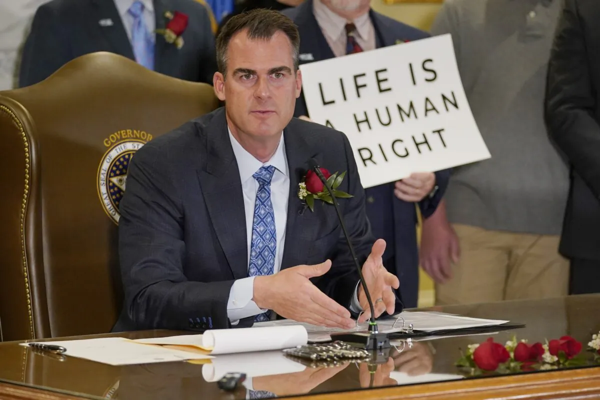 Oklahoma Gov. Kevin Stitt speaks after signing into law a prolife bill in Oklahoma City, Okla., on April 12, 2022. (Sue Ogrocki/AP Photo)