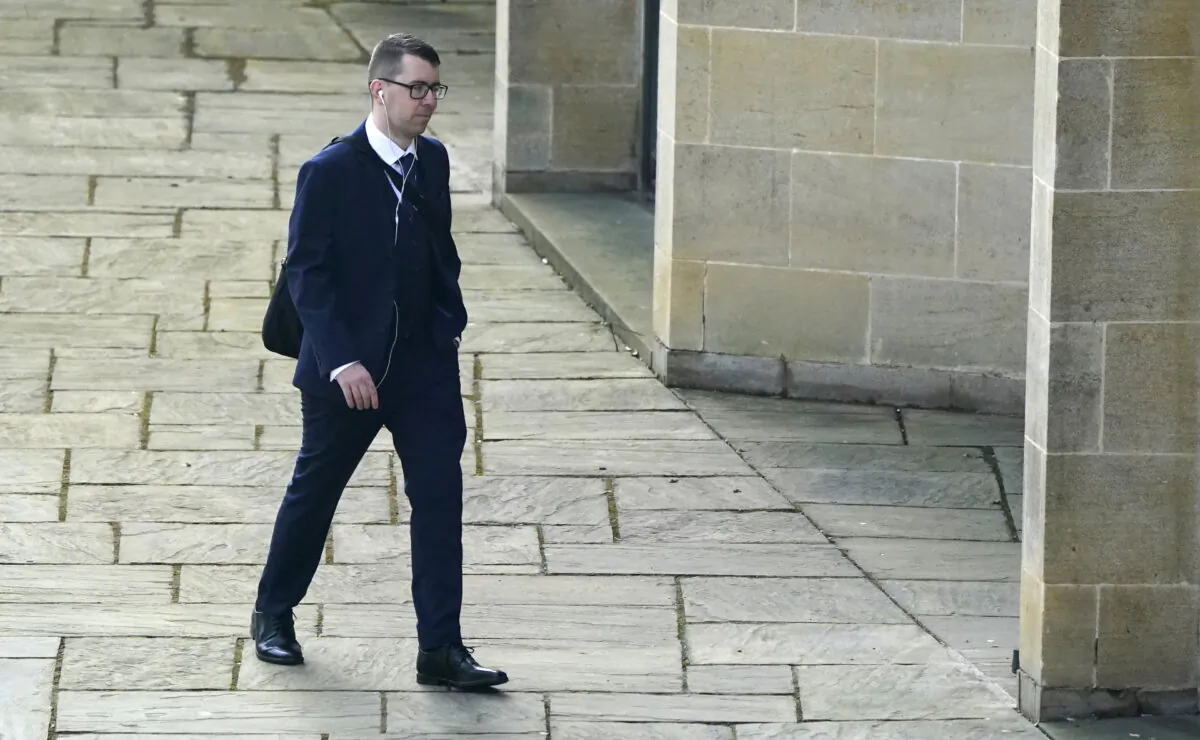 The founder of National Action, Alex Davies, arrives at Winchester Crown Court in England on April 20, 2022. (Andrew Matthews/PA)