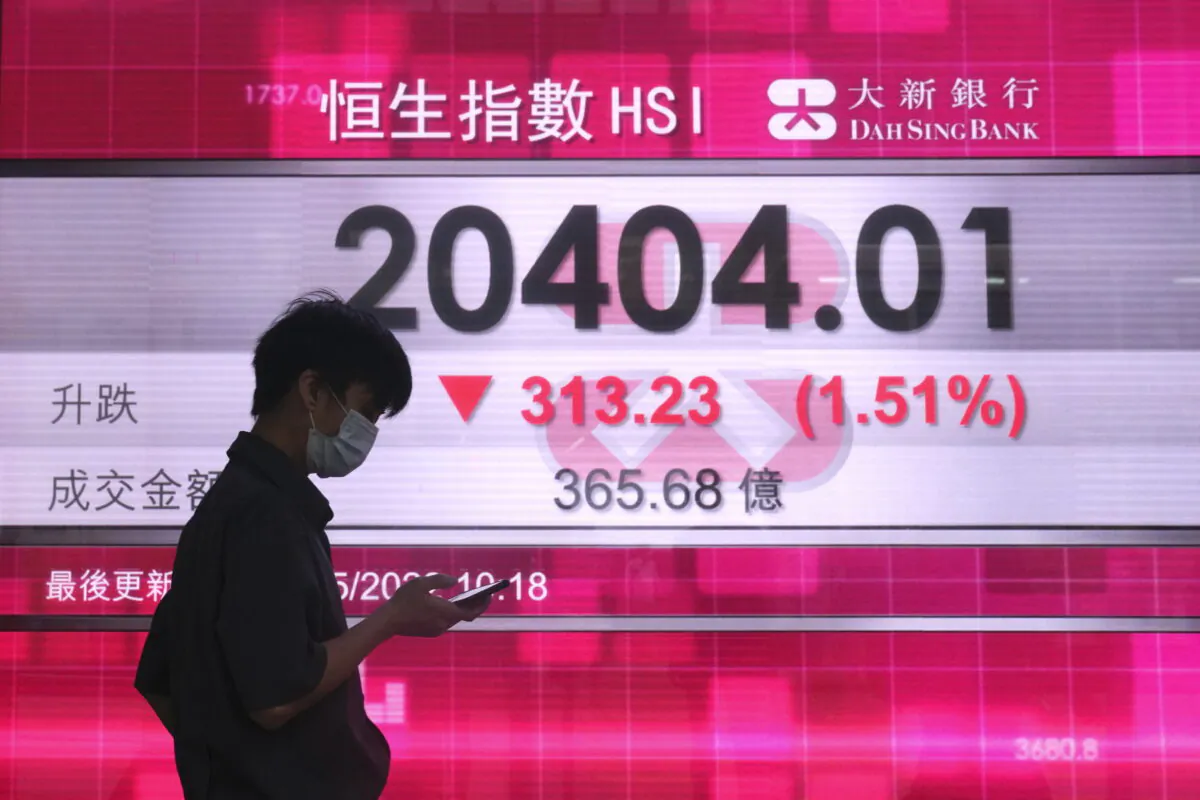 A man wearing a mask walks past a bank's electronic board showing the Hong Kong share index in Hong Kong, on May 23, 2022. (Kin Cheung/AP Photo)