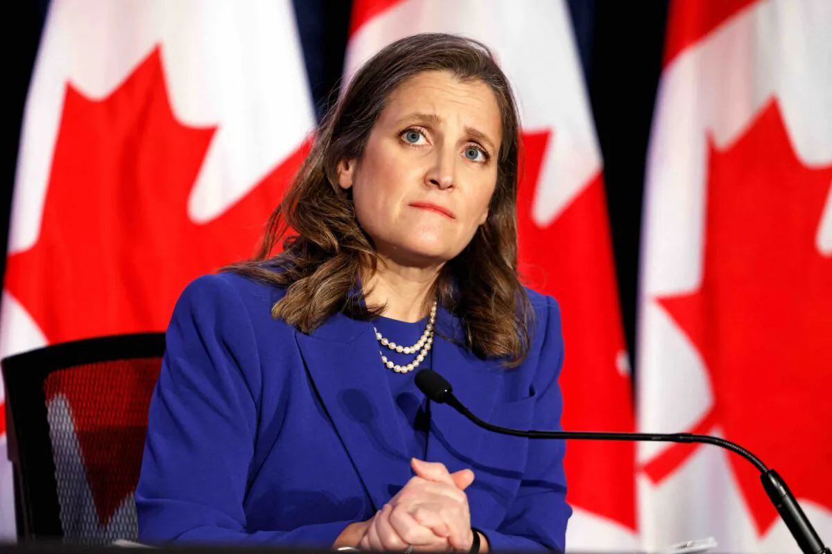 Canada's Finance Minister Chrystia Freeland looks on during a news conference before delivering the 2022-23 budget, in Ottawa, Ontario, Canada, April 7, 2022. (Reuters/Blair Gable)