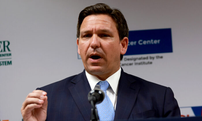 Florida Gov. Ron DeSantis speaks during a press conference at the University of Miami Health System Don Soffer Clinical Research Center in Miami on May 17, 2022. (Joe Raedle/Getty Images)