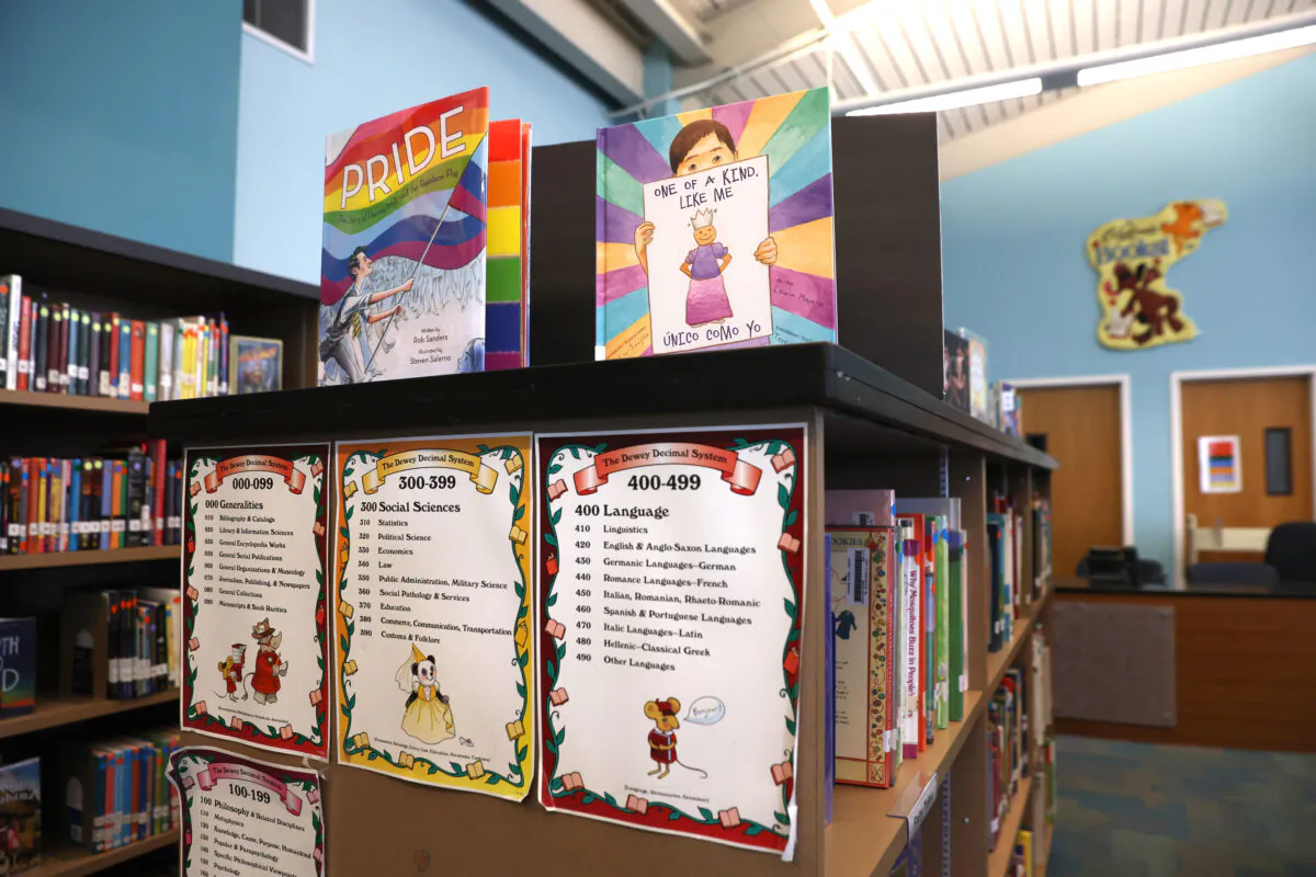 Newly donated LGBT books are displayed in the library at Nystrom Elementary School in Richmond, Calif., on May 17, 2022. (Justin Sullivan/Getty Images)