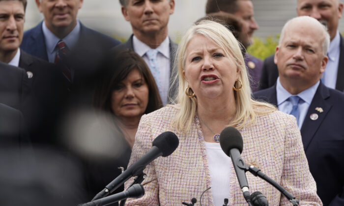 Rep. Debbie Lesko (R-Ariz.) speaks to the media with members of the Republican Study Committee about Iran in Washington, on April 21, 2021. (Joshua Roberts/Getty Images)