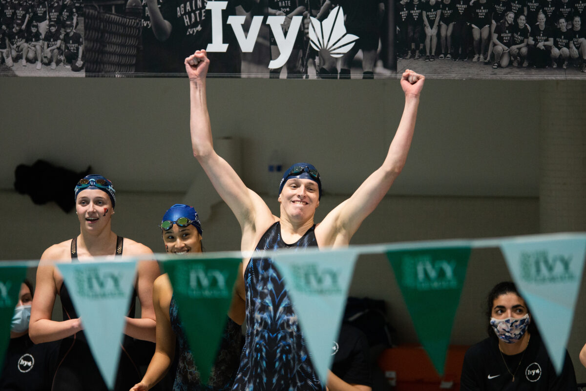 University of Pennsylvania swimmer Lia Thomas reacts after winning the 400 yard freestyle relay during the 2022 Ivy League Women's Swimming and Diving Championships at Blodgett Pool in Cambridge, Mass., on Feb. 19, 2022. (Kathryn Riley/Getty Images)