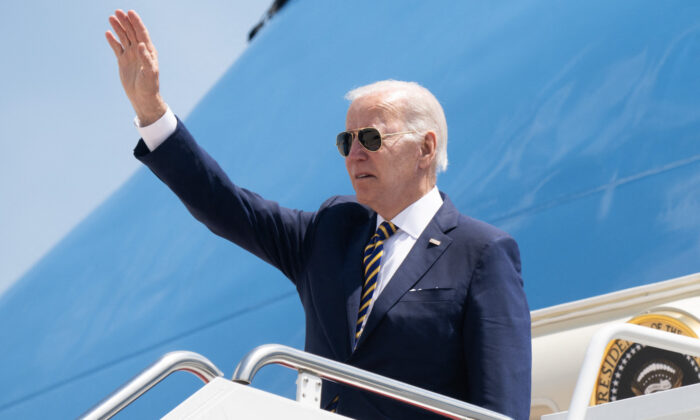 U.S. President Joe Biden boards Air Force One at Joint Base Andrews in Maryland on May 19, 2022, as he travels to South Korea and Japan. (Saul Loeb/AFP via Getty Images)