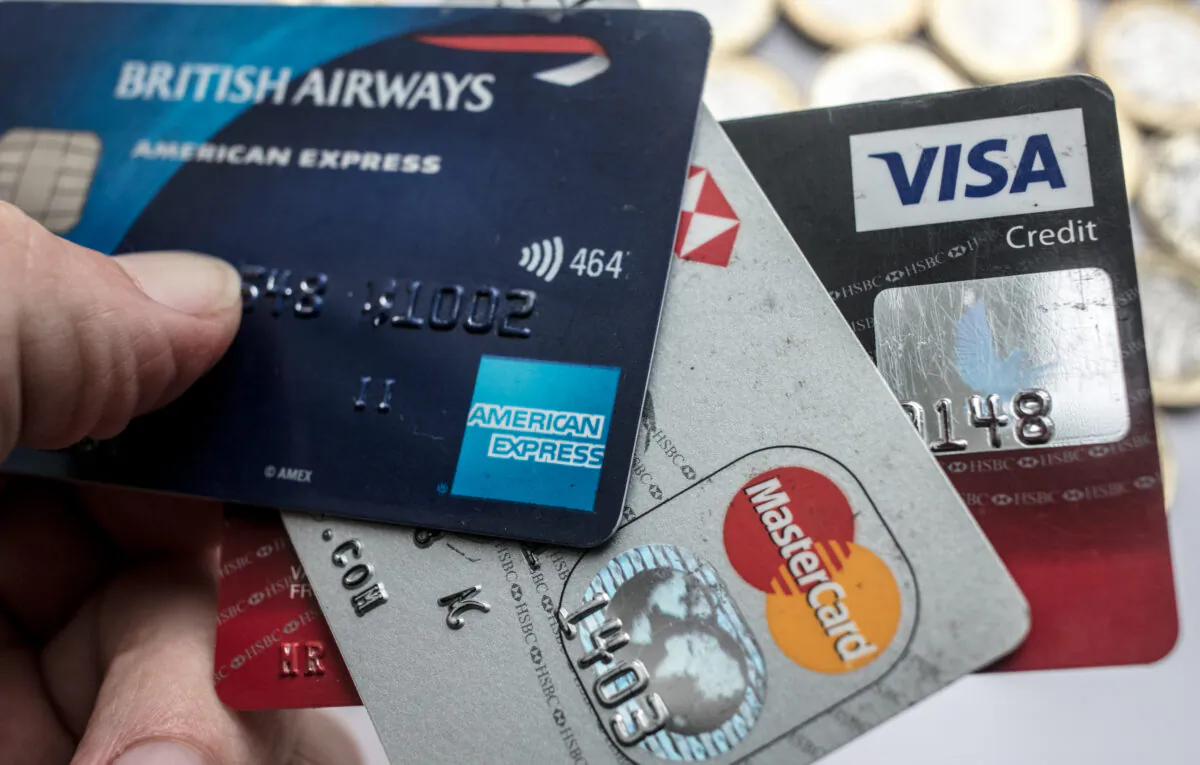In this photo illustration credit debit cards are seen in Bristol, England on Nov. 3, 2017. (Matt Cardy/Getty Images)