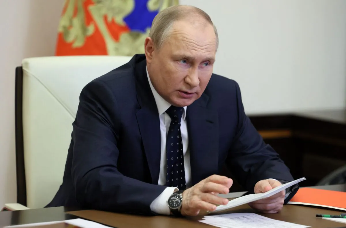 Russian President Vladimir Putin chairs a Security Council meeting via a video link at the Novo-Ogaryovo state residence outside Moscow, on May 20, 2022. (Mikhail Metzel/Sputnik/AFP via Getty Images)