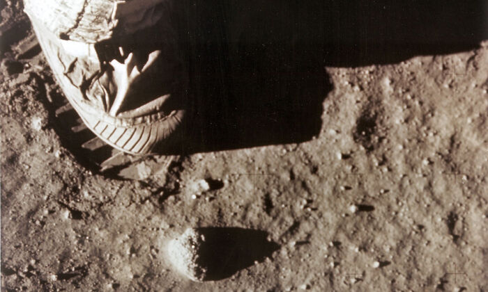 Apollo 11 commander Neil Armstrong's right foot leaves a footprint in the lunar soil on 20 July, 1969, as he and Edwin "Buzz" Aldrin become the first men to set foot on the surface of the moon. Lunar soil brought back to Earth by the mission has b been used to grow plants. (NASA/AFP via Getty Images)