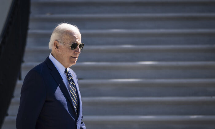 President Joe Biden exits the White House and walks to Marine One on the South Lawn in Washington on May 11, 2022. (Drew Angerer/Getty Images)