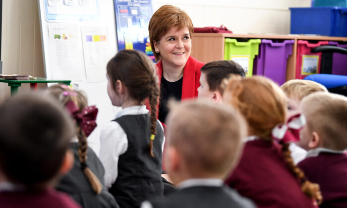 First Minister Nicola Sturgeon meets school children during a visit to Levenvale Primary School on in Alexandria, Scotland, on Feb. 19, 2018. (Jeff J Mitchell/Getty Images)