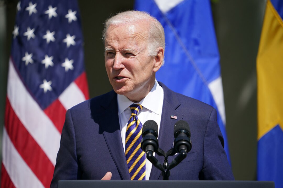 President Joe Biden, alongside Swedens Prime Minister Magdalena Andersson and Finlands President Sauli Niinistö (out of frame), speaks in the Rose Garden following a meeting at the White House, on May 19, 2022. (Mandel Ngan/AFP via Getty Images)