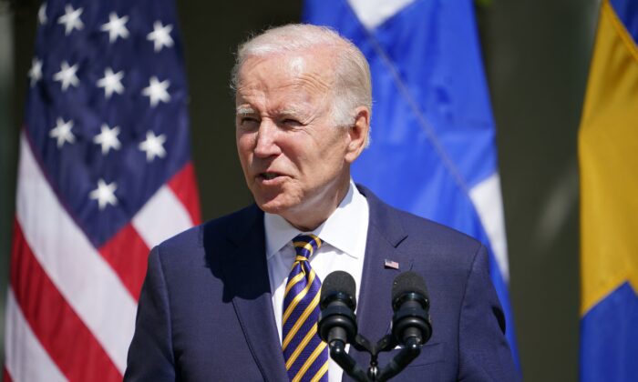 President Joe Biden, alongside Swedens Prime Minister Magdalena Andersson and Finlands President Sauli Niinistö (out of frame), speaks in the Rose Garden following a meeting at the White House, on May 19, 2022. (Mandel Ngan/AFP via Getty Images)