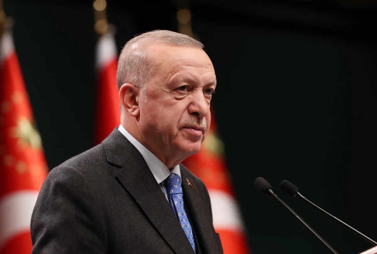 Turkey's President Recep Tayyip Erdogan made a statement after the cabinet meeting with the agenda of Russia and Ukraine in Ankara, Turkey, on Feb. 28, 2022. (Presidential Press Office via dia images via Getty Images)