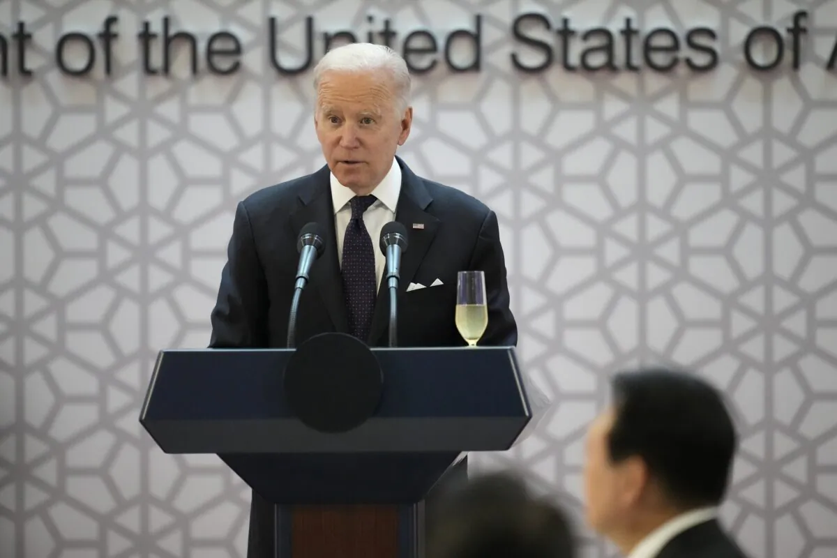 U.S. President Joe Biden delivers a speech during the state dinner hosted by South Korean President Yoon Suk-yeol at the National Museum of Korea in Seoul on May 21, 2022. (Lee Jin-Man/Pool/Getty Images)