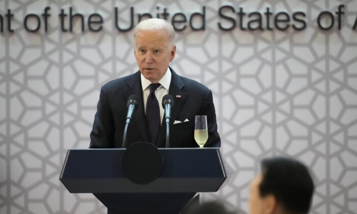 U.S. President Joe Biden delivers a speech during the state dinner hosted by South Korean President Yoon Suk-yeol at the National Museum of Korea in Seoul, South Korea on May 21, 2022. (Lee Jin-Man/Pool/Getty Images)